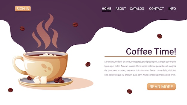 Página web con una ilustración de una taza de café