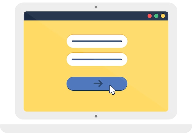 Vector página web de inicio de sesión y contraseña ingresando en una computadora portátil con marco plateado menú de página web en la pantalla del gadget digital icono de vector plano simple aislado en fondo blanco