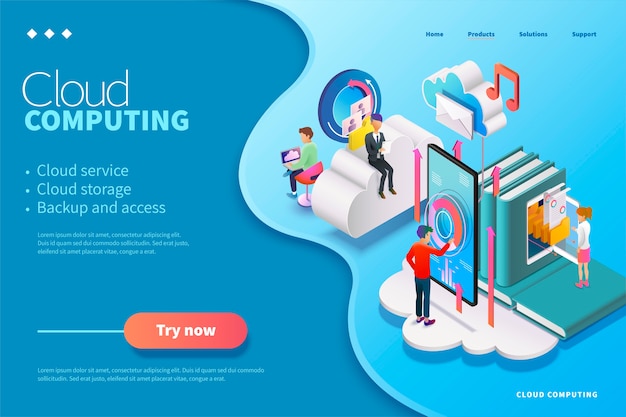 Página web isométrica de computación en la nube, las personas que usan podrían realizar el servicio de carga de datos