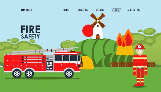 Vector página web en línea de seguridad contra incendios, ilustración. sitio oficial del servicio de bomberos, bombero con chaqueta protectora cerca del automóvil. quemar pajar