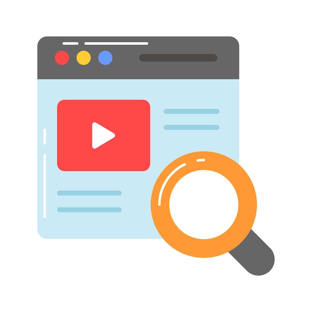 Página web con lupa y cartel de video que muestra el vector del concepto de búsqueda de video