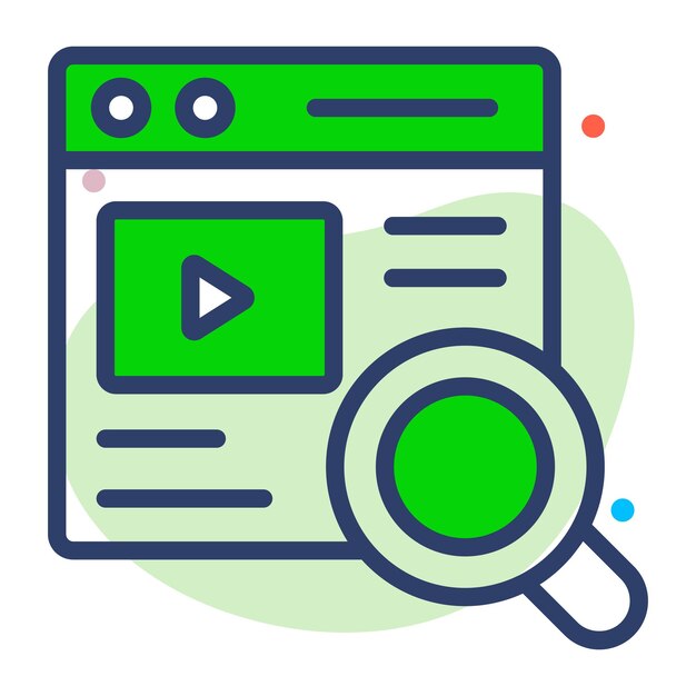 Página web con lupa y cartel de video que muestra el vector del concepto de búsqueda de video