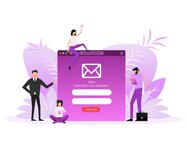 Vector página web con personas de estilo plano sobre un fondo blanco suscríbete a nuestro boletín