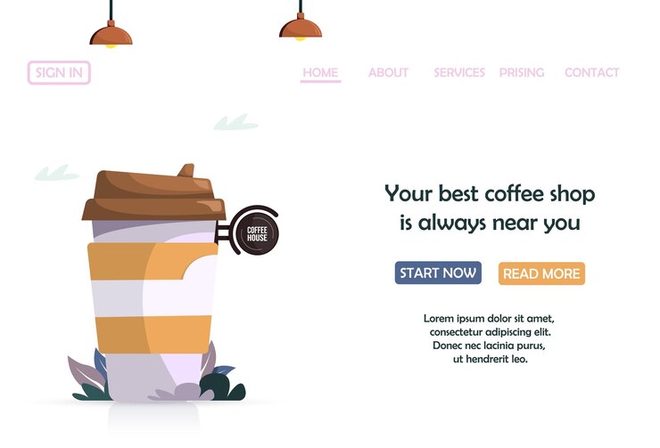 Vector página web con taza de café para coffee lovers vector ilustración moderna colorida en estilo de dibujos animados planos