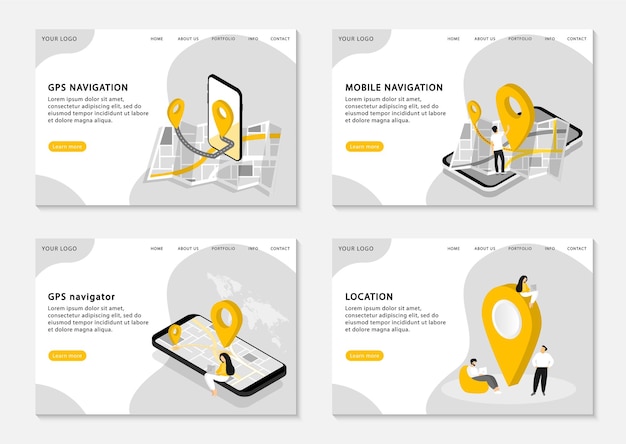 Páginas de aterrizaje de navegación gps. navegación móvil, navegador gps, ubicación. aplicación móvil para navegación. conjunto de páginas web. .