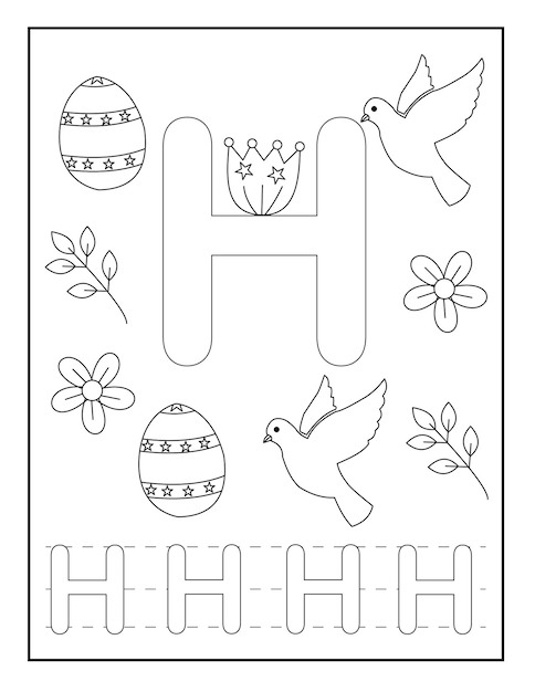 Páginas para colorear del alfabeto con lindos diseños como huevos de pascua, flores, insectos, fuente elegante, etc.