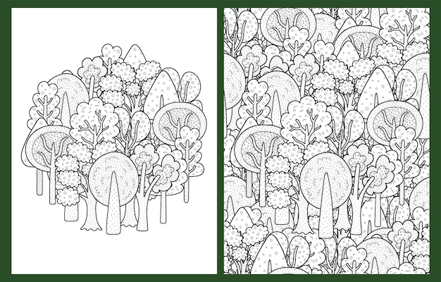 Páginas para colorear de bosques de garabatos de fantasía ambientadas en formato de carta estadounidense Árboles dibujados a mano en blanco y negro