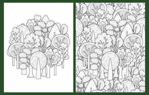 Vector páginas para colorear de bosques de garabatos de fantasía ambientadas en formato de carta estadounidense árboles dibujados a mano en blanco y negro