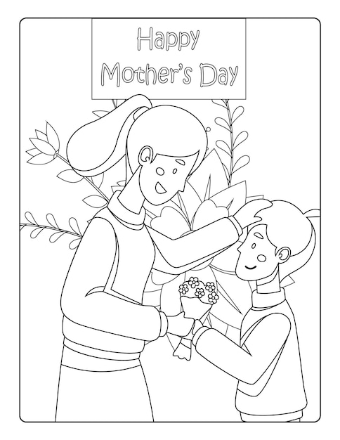 Vector páginas para colorear del día de la madre para niños con una linda hoja de trabajo de actividades en blanco y negro para mamá e hijo