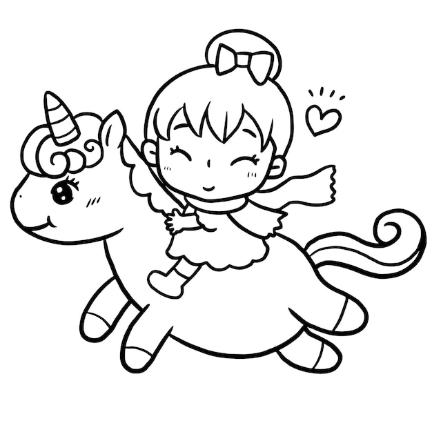 Vector páginas para colorear de dibujos animados de caballos de dibujos animados princesa unicornio doodles kawaii personajes de dibujo chibi