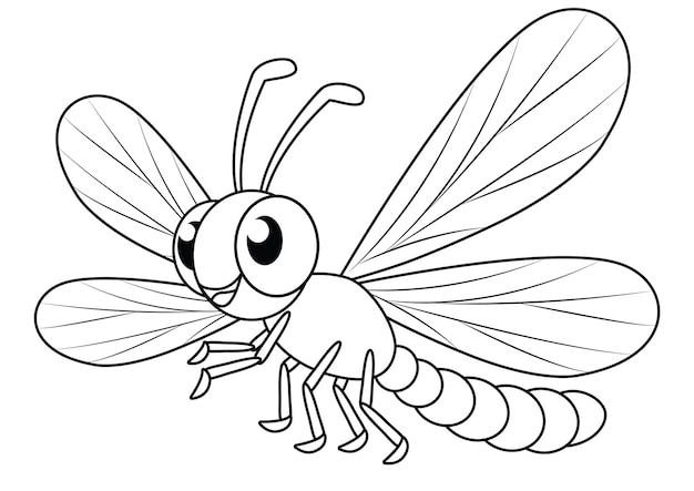 Páginas para colorear de diseño plano vectorial de libélula de dibujos animados en blanco y negro