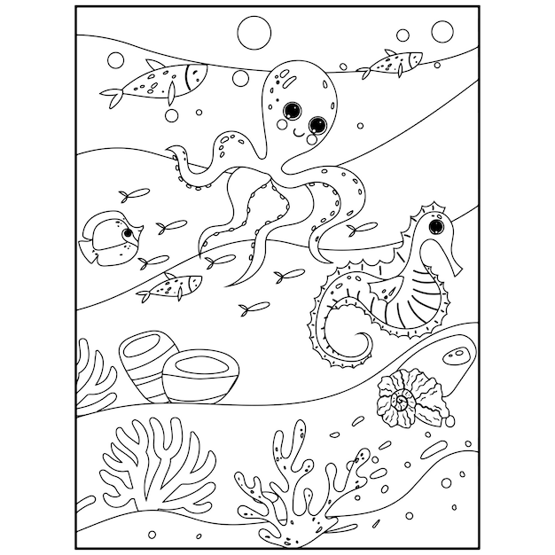 Páginas para colorear imprimibles de animales del océano para niños Vector Premium