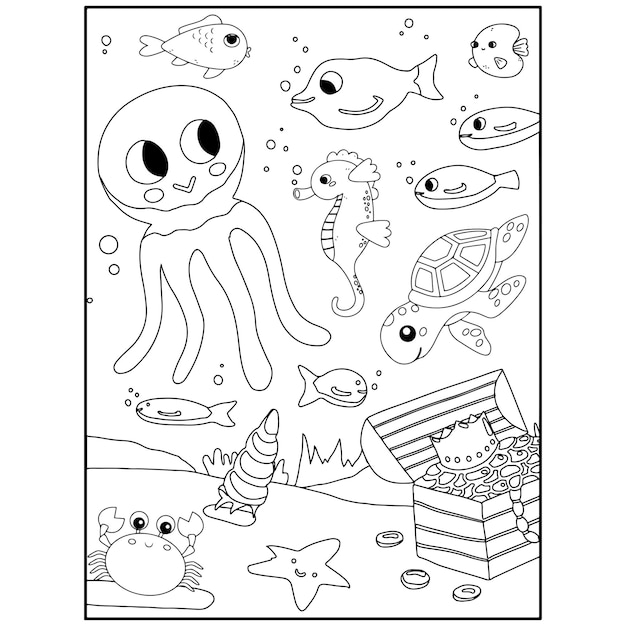 Páginas para colorear imprimibles de animales del océano para niños Vector Premium