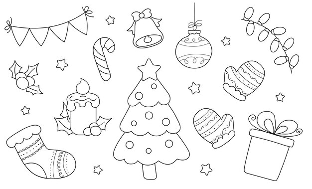 Páginas para colorear navideñas en blanco y negro para niños Un conjunto de elementos y decoraciones de garabateo navideño