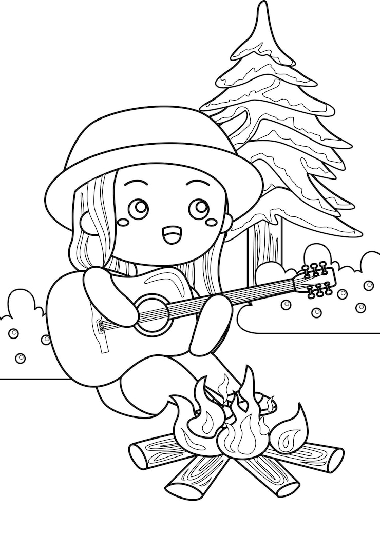 Vector páginas para colorear para niños página a4 tocar guitarra tema de campamento