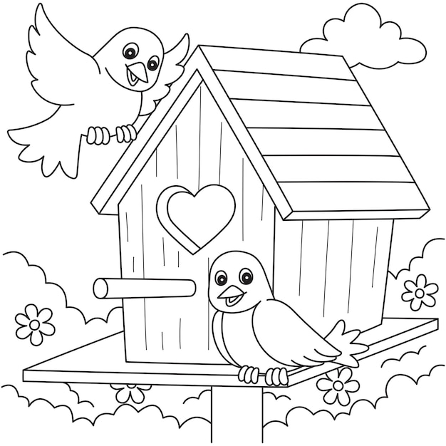 Páginas para colorear para niños con pájaros lindos y casas de pájaros