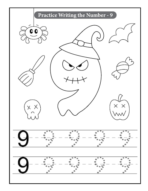Páginas para colorear de números de Halloween con fantasma bebé