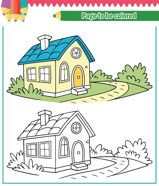 Páginas para colorear o libros para niños casa linda ilustración de dibujos animados
