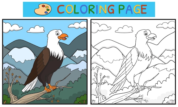 Páginas para colorear o libros para niños ilustración de un águila en un árbol