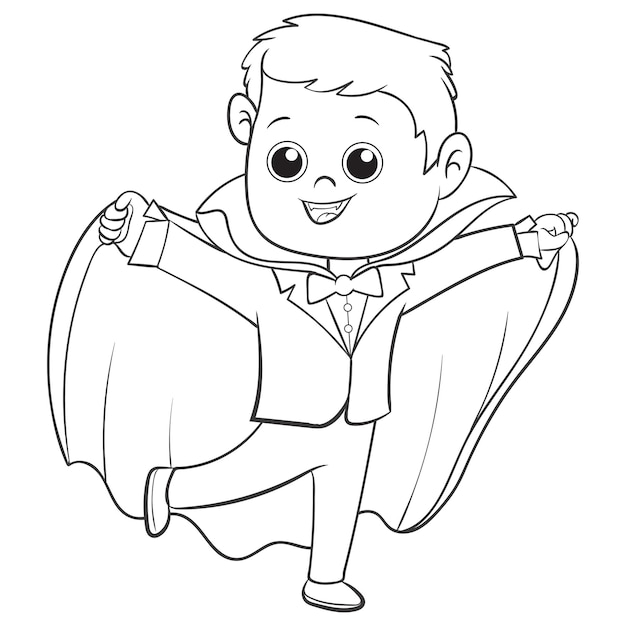 Vector páginas para colorear o libros para niños lindo niño pequeño viste traje de vampiro halloween celebrar