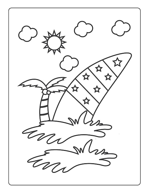 Páginas para colorear de verano para niños con vibraciones de verano sol y árboles libro para colorear en blanco y negro