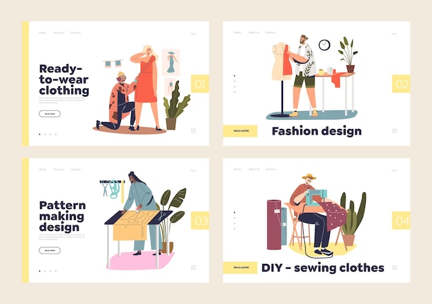 Páginas de destino del concepto de ropa de costura con personas que trabajan en el taller o en el estudio de confección de ropa Modistas y diseñadores en el trabajo en el taller Ilustración vectorial plana de dibujos animados