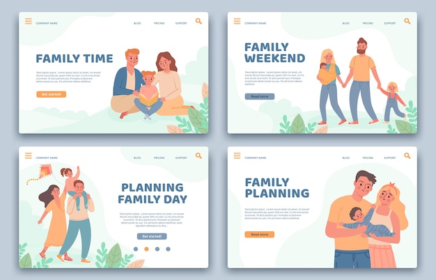 Páginas de destino de familias felices. Padres activos e hijo de vacaciones. Sitio web para la planificación familiar, la vida sana y el conjunto de vectores de tiempo libre. Sitio web de plantilla familiar de ilustración, niños con padres