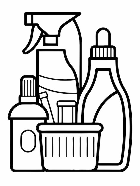 Páginas de libros para colorear de productos de limpieza para el hogar para niños y adultos con diseño vectorial