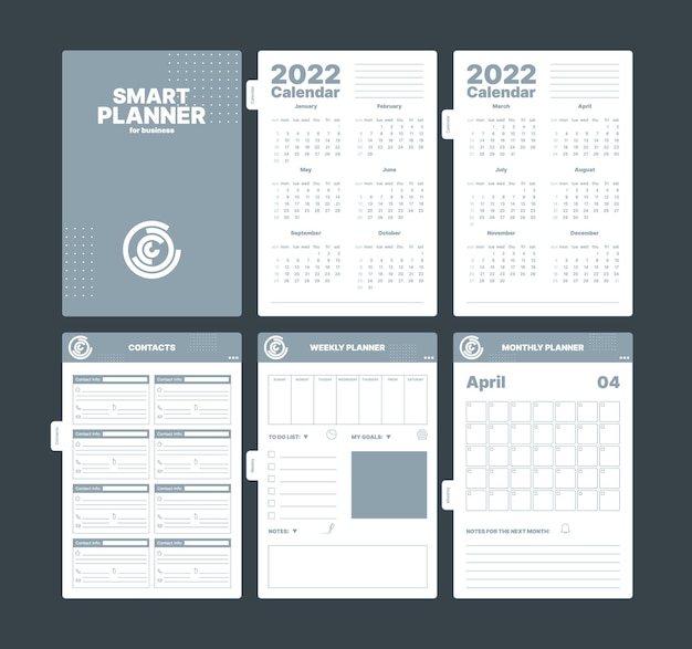 Vector páginas del organizador planificador de negocios plantillas de páginas de álbumes de recortes creativos rastreador de fechas recordatorio de meses notas de objetivos organizador de vectores llamativos o conjunto de imágenes de cuaderno