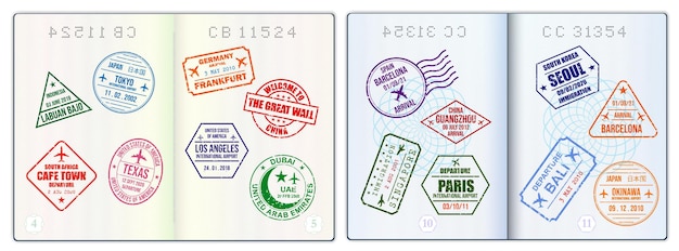 Páginas de pasaporte en blanco realistas o pasaporte vacío con marca de agua y sellos