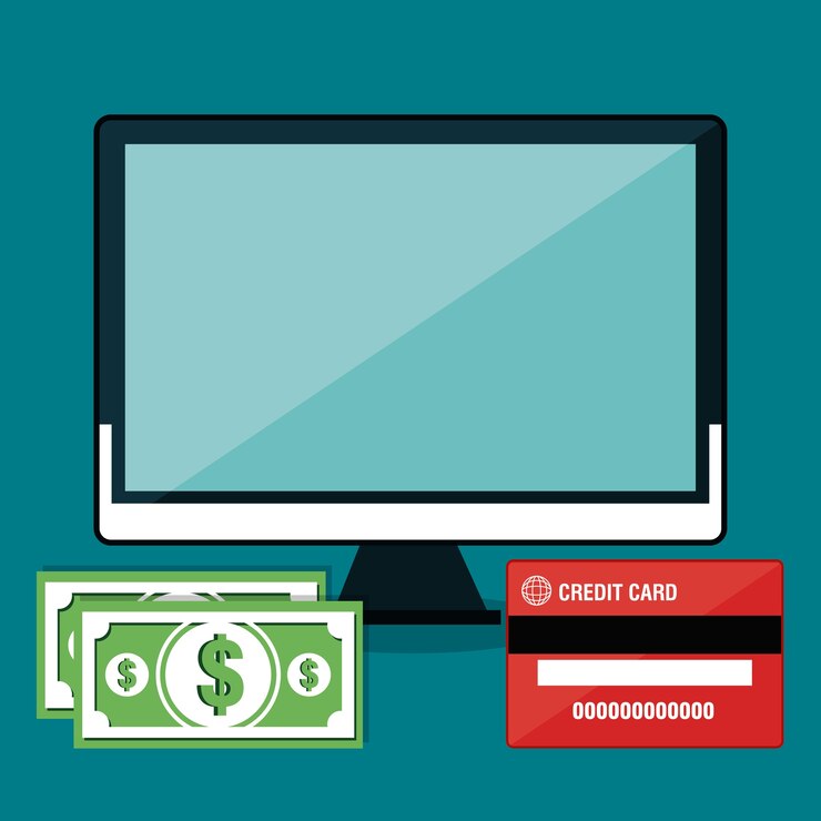 Vector pago y comercio en línea con diseño de ilustración de vector de computadora