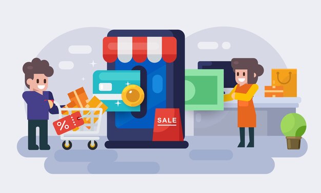 Vector pago de compras en línea. las personas realizan compras a través del sitio web y la pantalla del móvil con tarjeta de crédito. ilustración plana