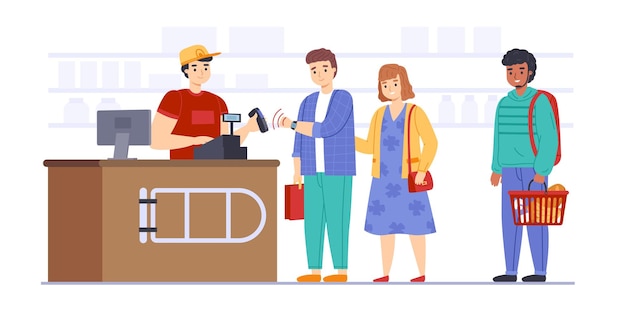 Pago sin contacto Personas en la tienda o en la caja del supermercado Terminal POS hombre y mujer realizan transacciones utilizando aplicaciones de pulsera electrónica interacción cola de clientes Concepto aislado de dibujos animados vectoriales