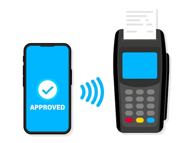 Vector pago sin contacto smartphone con pago en línea pago nfc terminal de punto de venta con teléfono inteligente y tarjeta de crédito pago inalámbrico sin contacto o sin efectivo aceptación de pago en terminal de puntos de venta