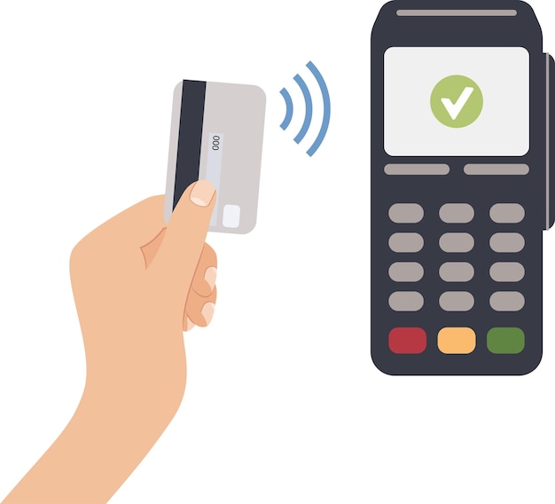 Pago sin contacto por tarjeta de débito Terminal de pago inalámbrico para tarjetas de crédito Ilustración dibujada a mano