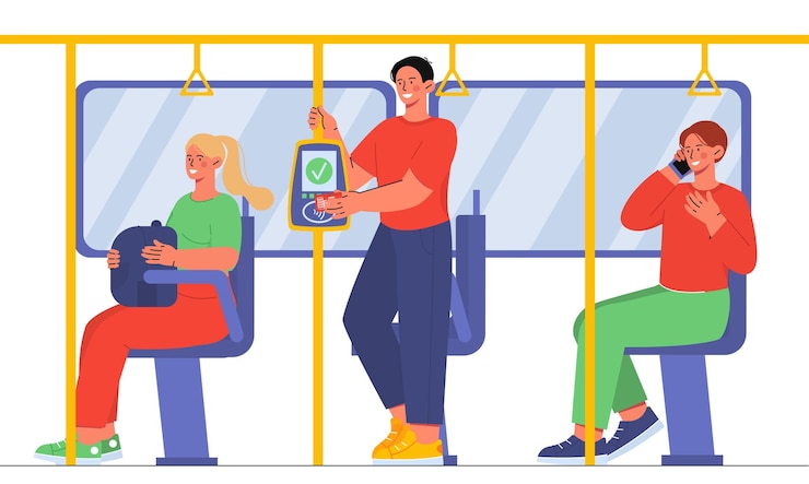 Vector pago sin contacto en transporte público hombre comprar billete sin efectivo en autobús infraestructura urbana metro
