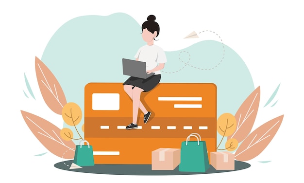 Pago digital una billetera electrónica transacción en línea con mujer usando computadora portátil para compras en línea Ilustración vectorial del concepto de compra sin efectivo con tarjeta de crédito