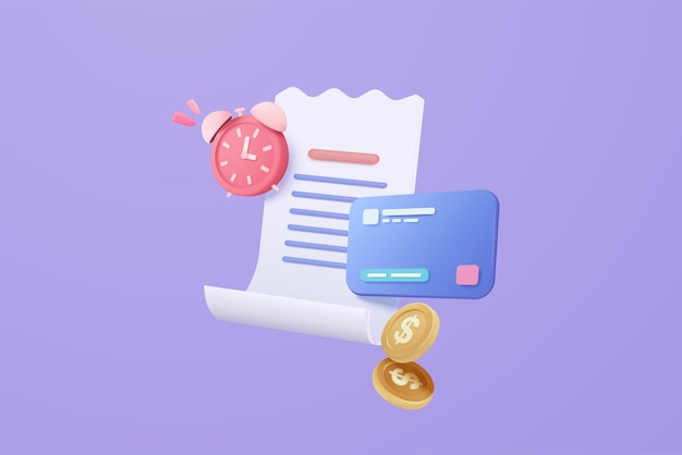 Pago de facturas 3D con tarjeta de crédito y financiero para pago de compras en línea tarjeta de crédito con notificación de alerta de reloj Transacción de factura con moneda de dinero icono de vector de recibo 3d ilustración de procesamiento