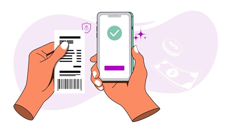 Pago de facturas usando una aplicación de banca móvil mientras sostiene una factura y el teléfono inteligente a mano sosteniendo conc
