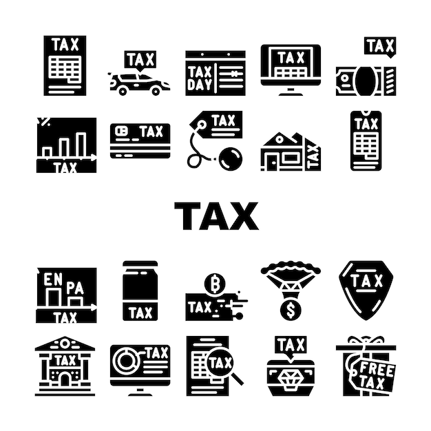 Pago financiero de impuestos para los iconos de ingresos Set Criptomoneda vectorial y regalo de impuestos de la casa de bienes raíces y cada dólar Infografía y pago en línea Joyas y Pictogramas de glifos de automóviles Ilustraciones negras