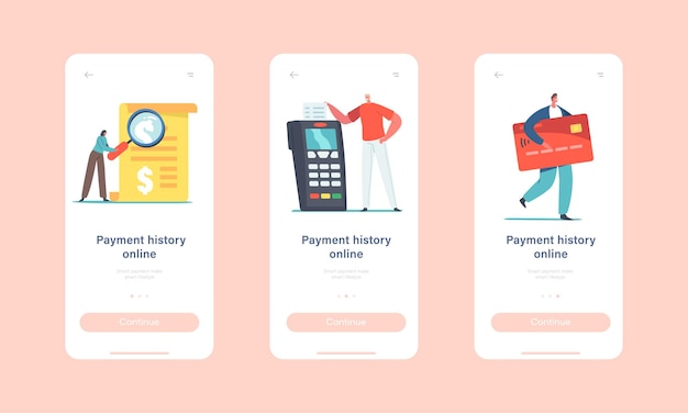 Pago Historial en línea Página de la aplicación móvil Plantilla de pantalla integrada. Pequeños personajes leen Bill en una enorme máquina de lectura de tarjetas