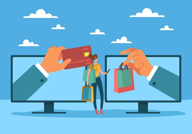 Pago en línea Comprar comercio digital en línea Las mujeres hacen compras en la tienda en línea Pagar por mercancías con tarjeta de crédito Comprar chica de entrega con bolsas concepto plano de dibujos animados vectorial.