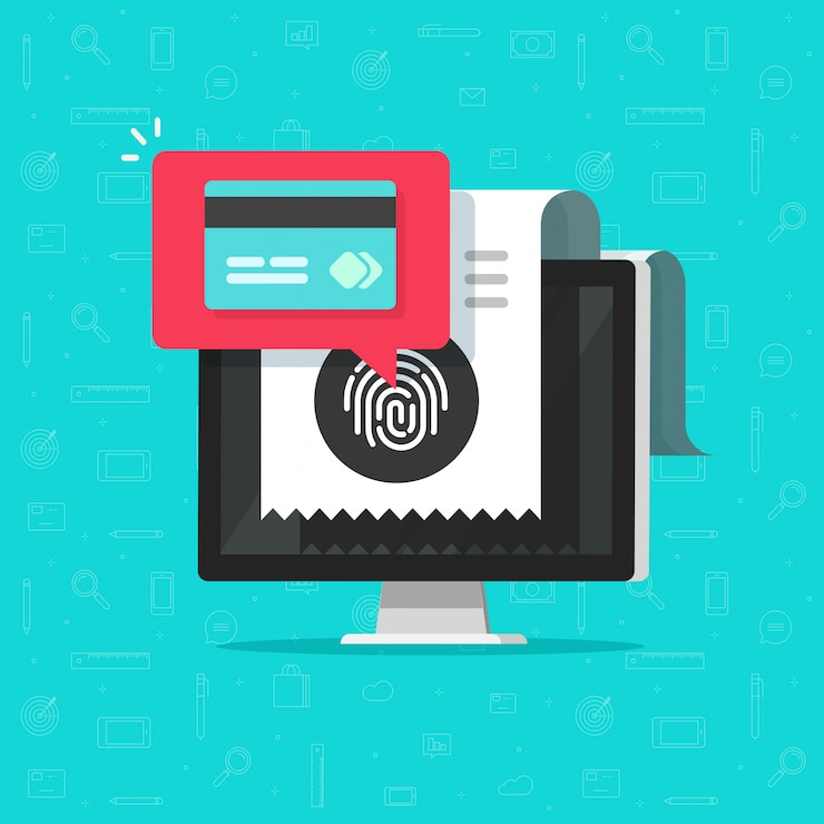 Vector pago en línea con tarjeta de crédito en computadora o tecnología inalámbrica de pago mediante huella digital