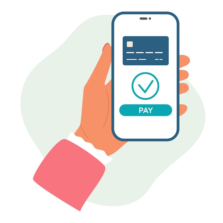 Vector pago en línea a través de tarjeta de crédito o débito mano femenina sostiene un teléfono inteligente con pago aprobado vectorxa