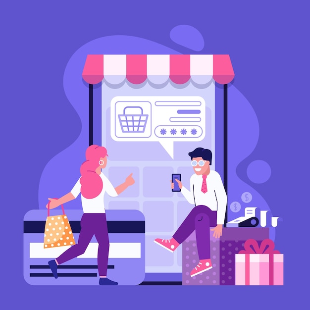 Pago en línea usando el concepto de aplicación con pareja comprando en smartphone. Compras por internet con tarjeta de crédito bancaria. Ilustración de publicidad de comercio M.