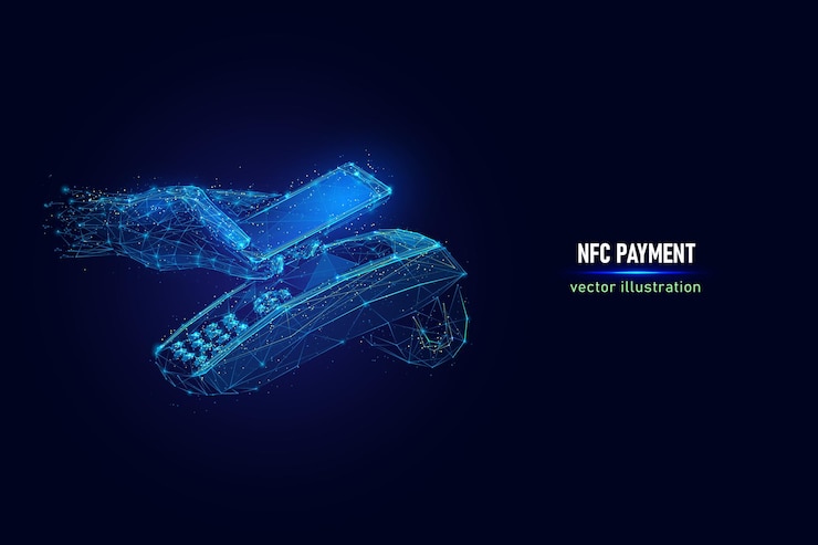 Vector pago a mano del cliente utilizando tecnología nfc con teléfono, estructura de alambre digital de pago sin contacto hecha de puntos conectados. ilustración de vector de baja poli de comunicación de campo cercano nfc sobre fondo azul.