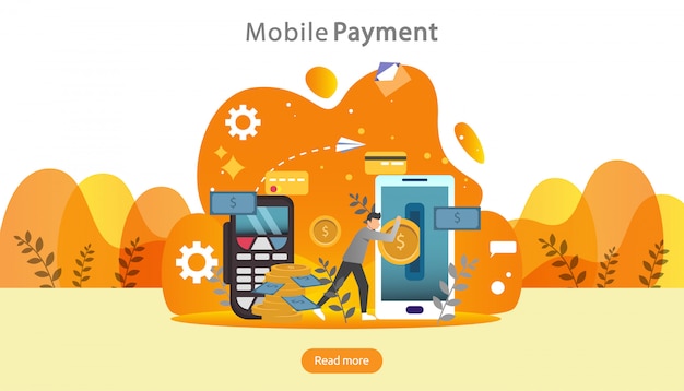 Pago móvil o concepto de transferencia de dinero. Ilustración de compras de mercado en línea.