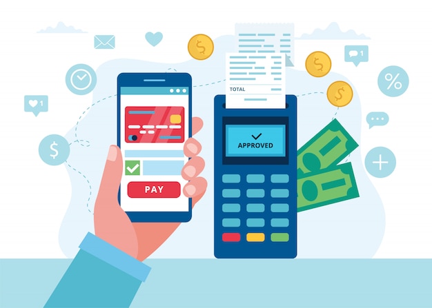 Pago móvil con terminal POS, concepto de compra.