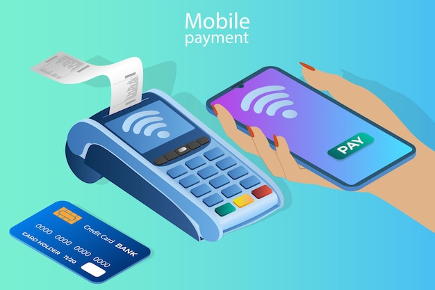 Vector pago móviluna mujer paga sus compras a través de nfc utilizando un terminal de pago de teléfono inteligente