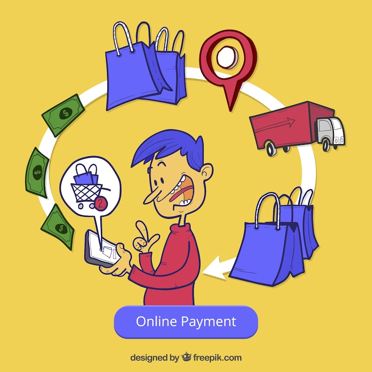 Vector pago online, fondo amarillo